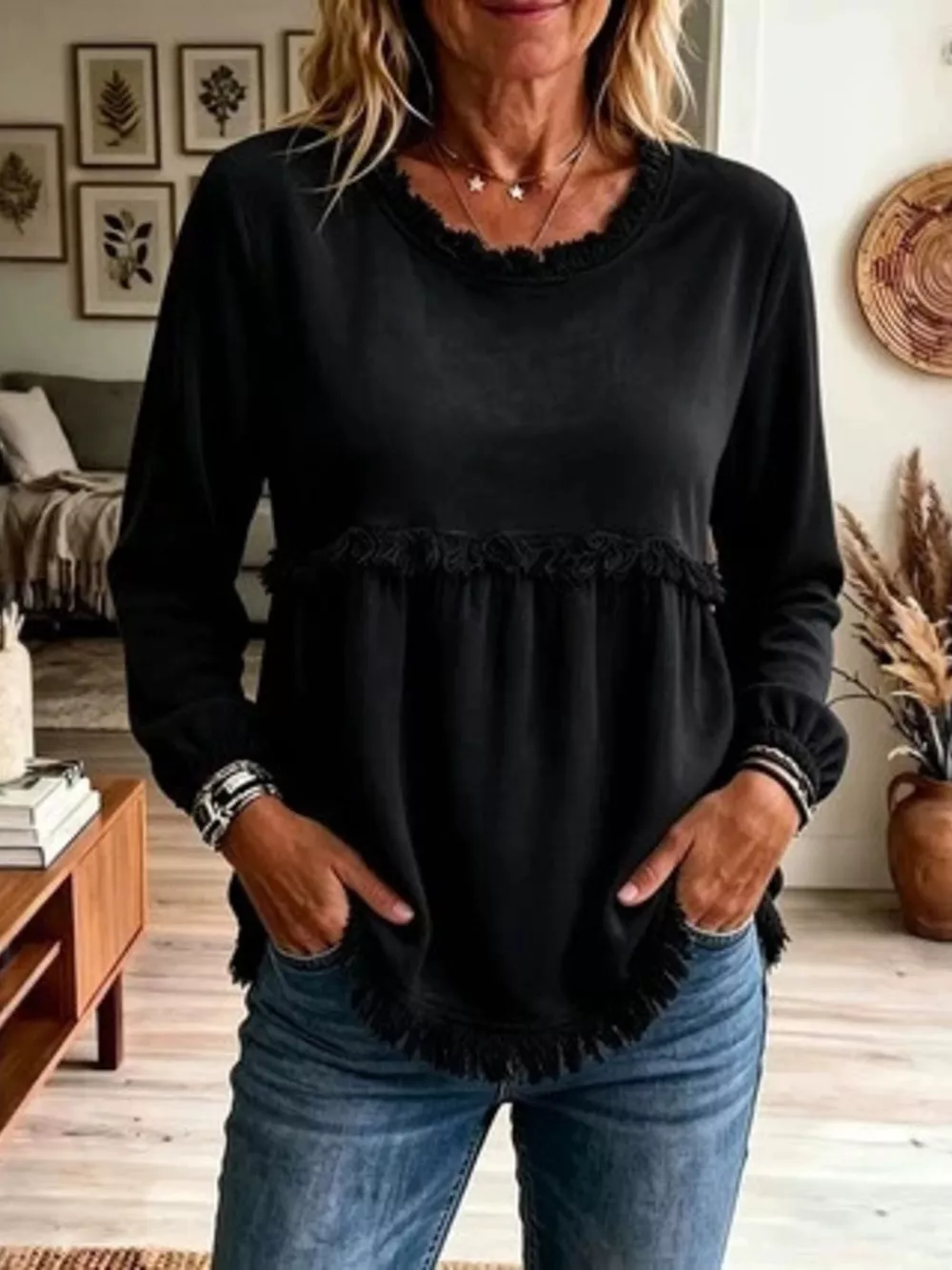 Velvet Fringe Long Sleeve Blouse, image 4