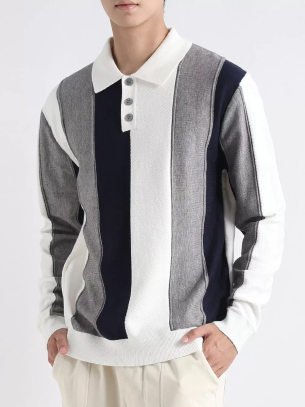 Men's Plus Size Color-Block Striped Polo Collar Knit Top, image 3