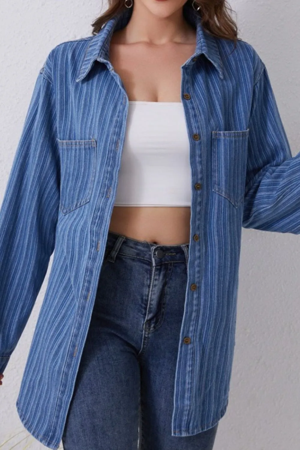 Striped Texture Collared Neck Denim Top, image 2