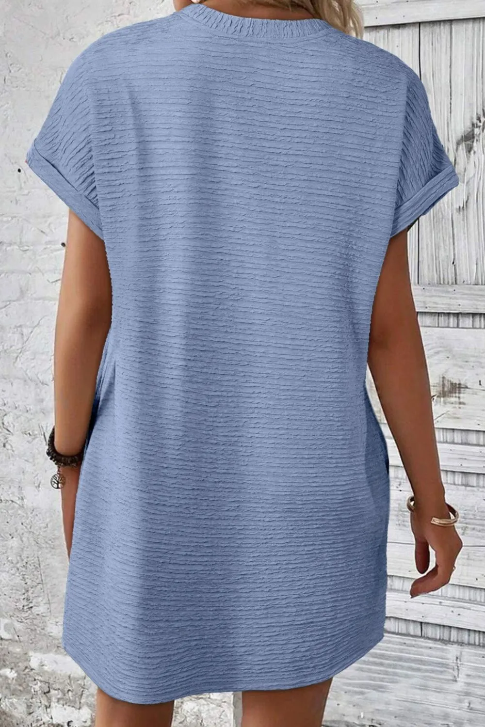 Solid Color Textured Crinkle Short Sleeve T Shirt Dress, image 3