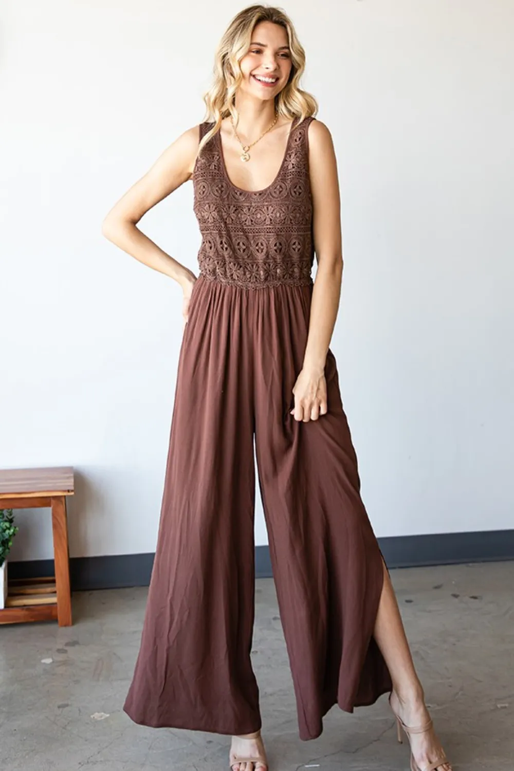 Tie Back Sleeveless Slit Wide Leg Jumpsuit, image 5