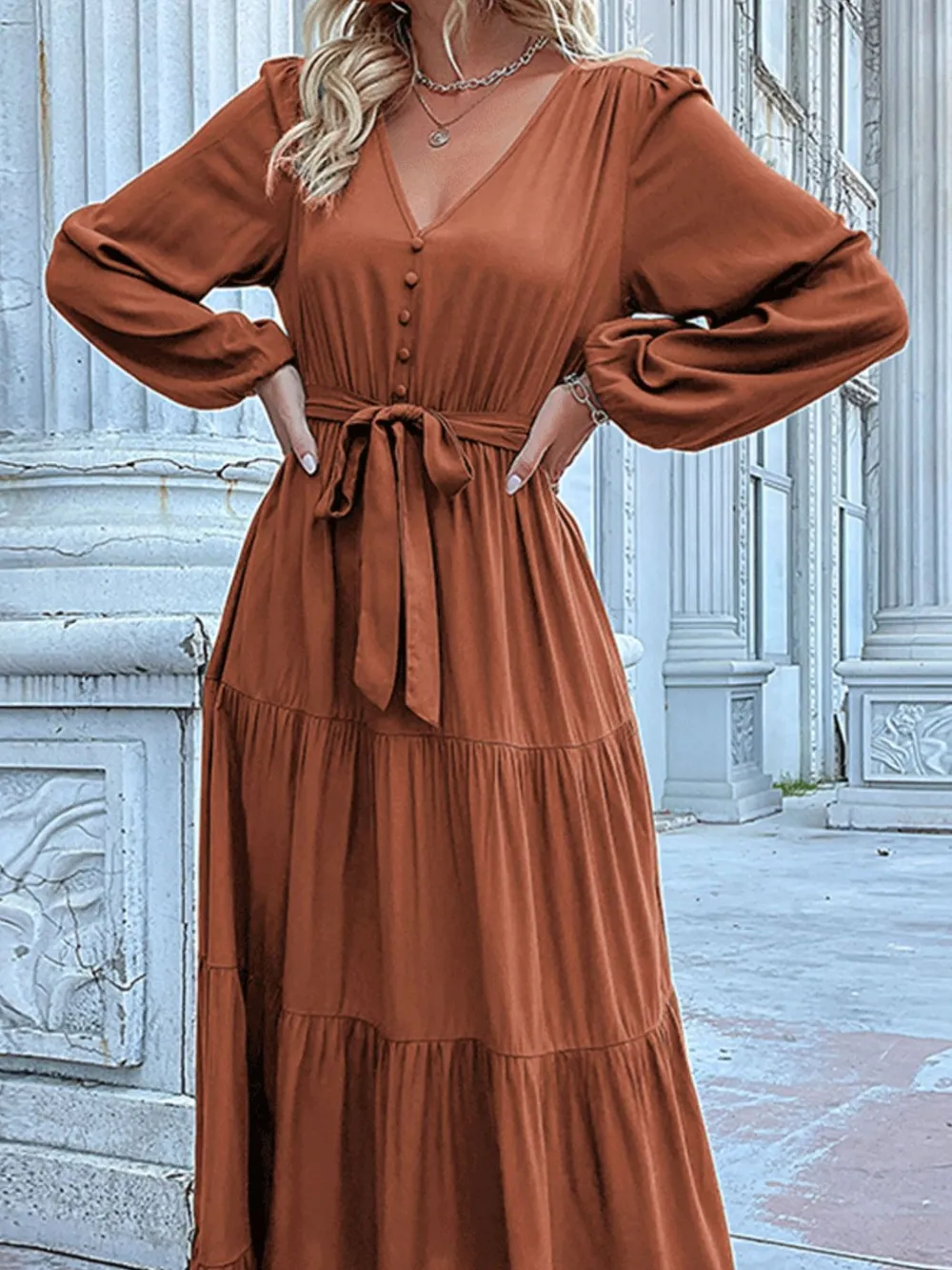 Ruffled Hem V-Neck Balloon Sleeve Dress, image 13