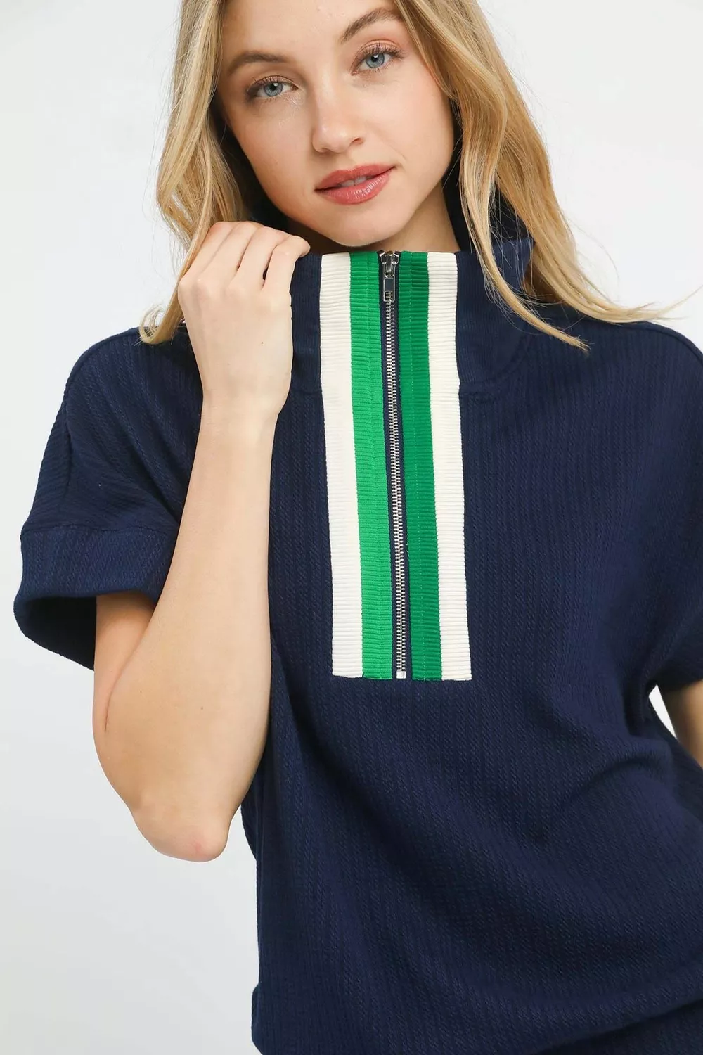 Textured Striped Zip Collar Knit Top, image 3