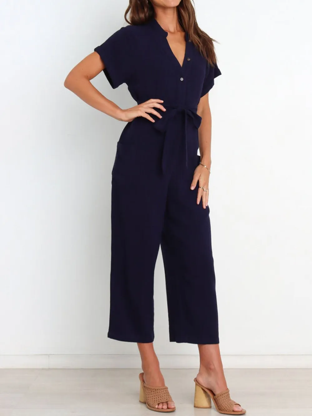 Notched Short Sleeve Tie Waist Jumpsuit, image 7