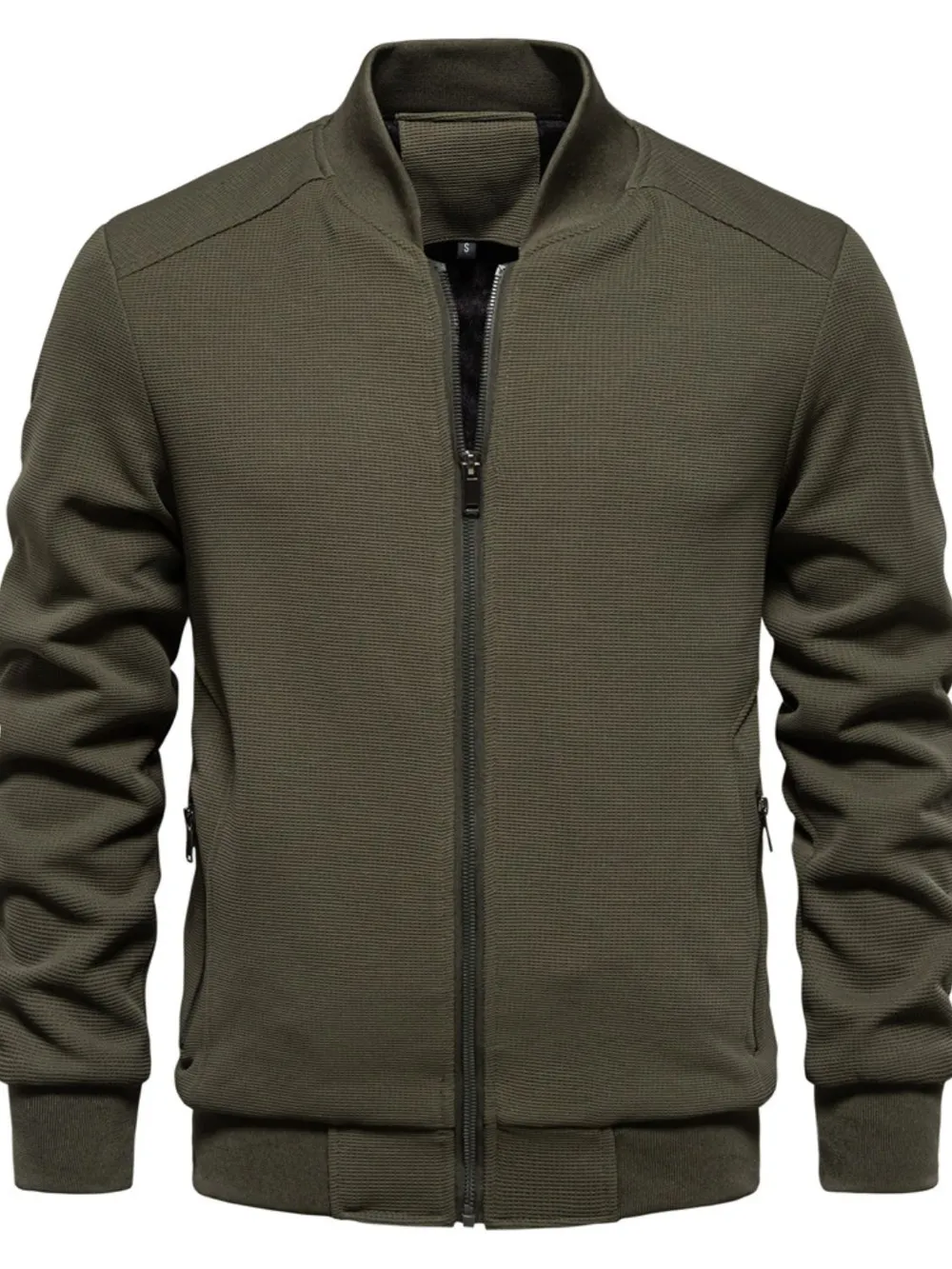 Men's Waffle Knit Baseball Collar Zip Up Jacket