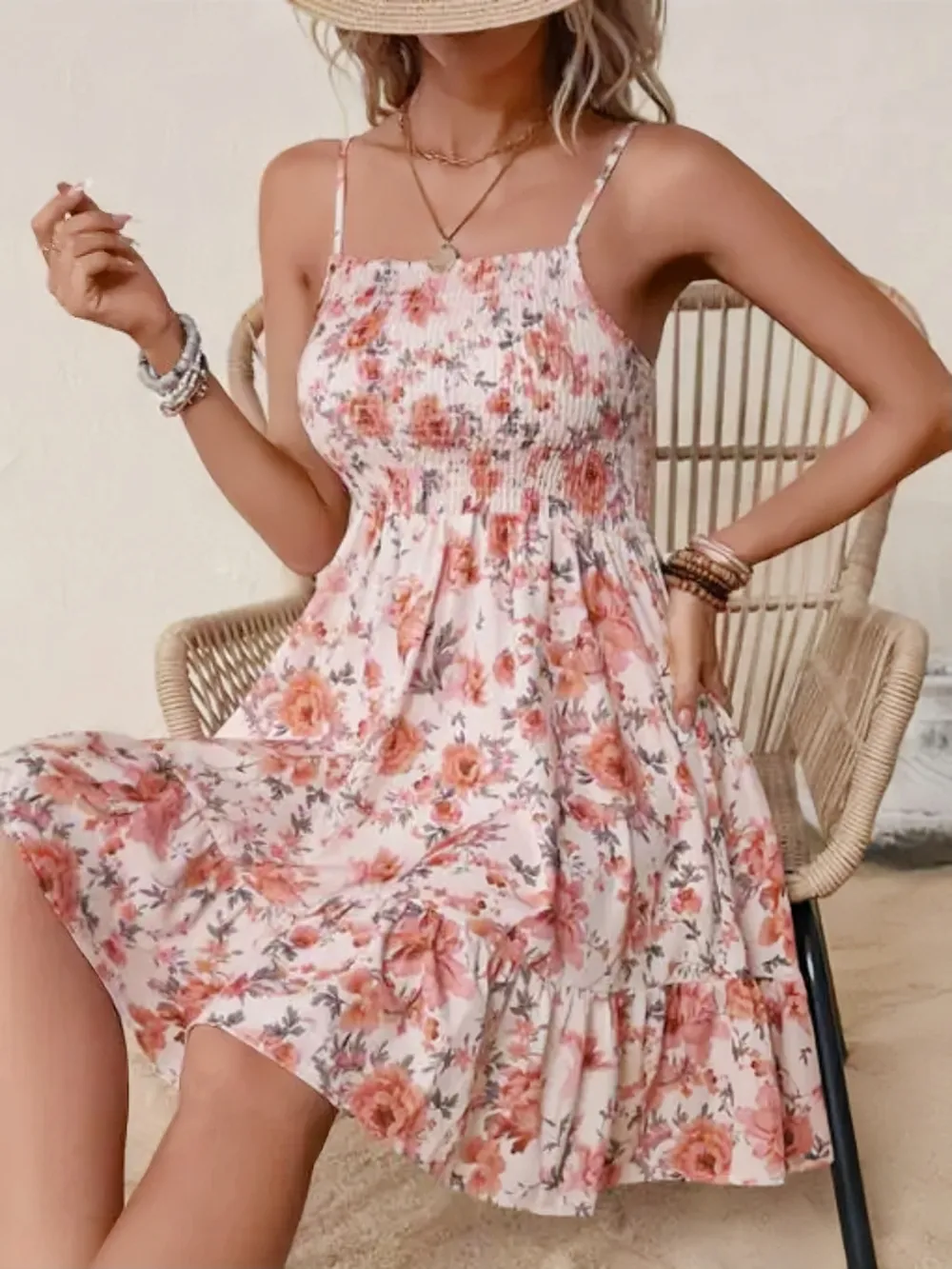 Smocked Floral Square Neck Cami Dress, image 4