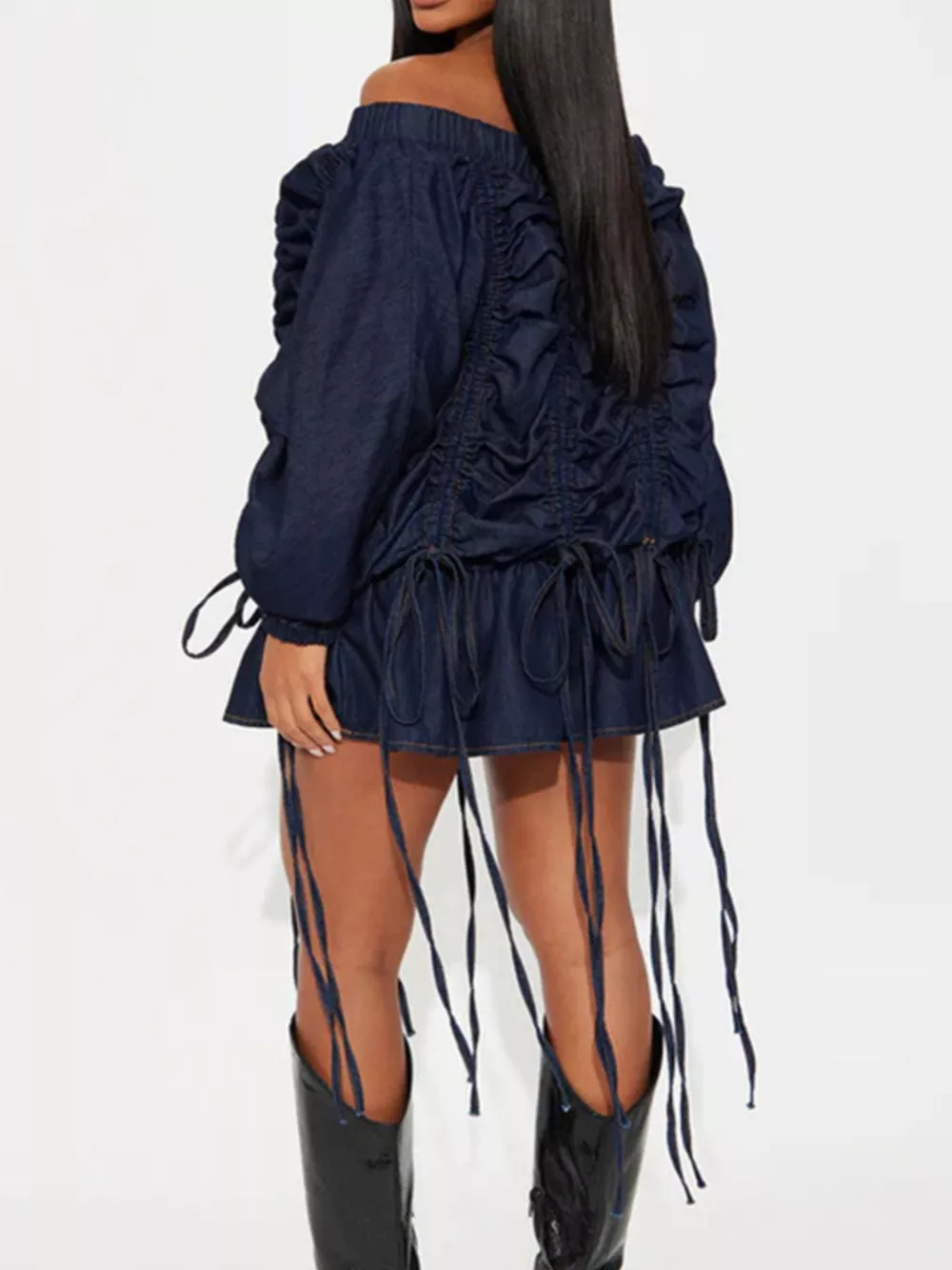 Off-Shoulder Ruched Denim Dress, image 3
