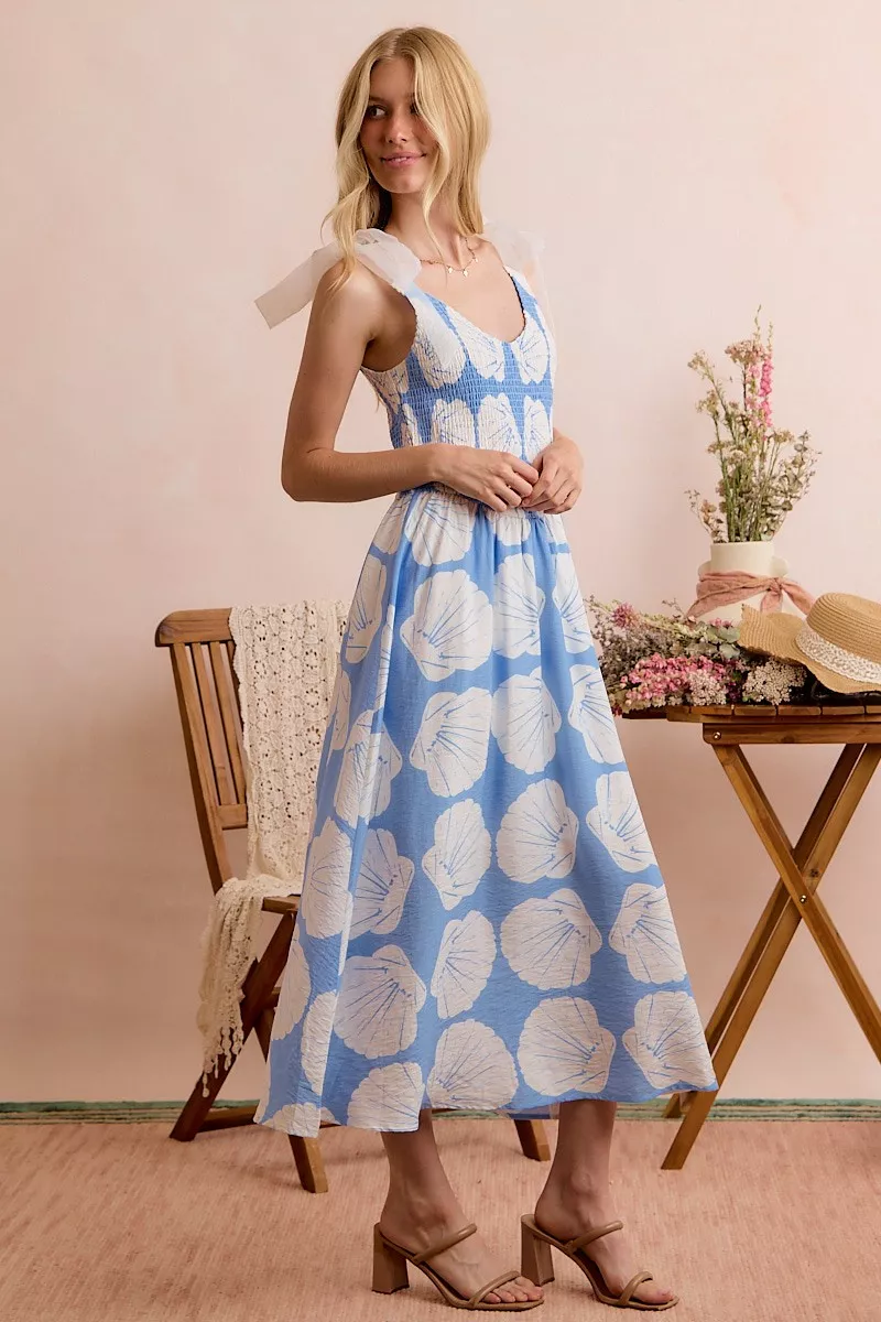 Shell Smocked Bodice Shoulder Tie Lined Midi Dress, image 10