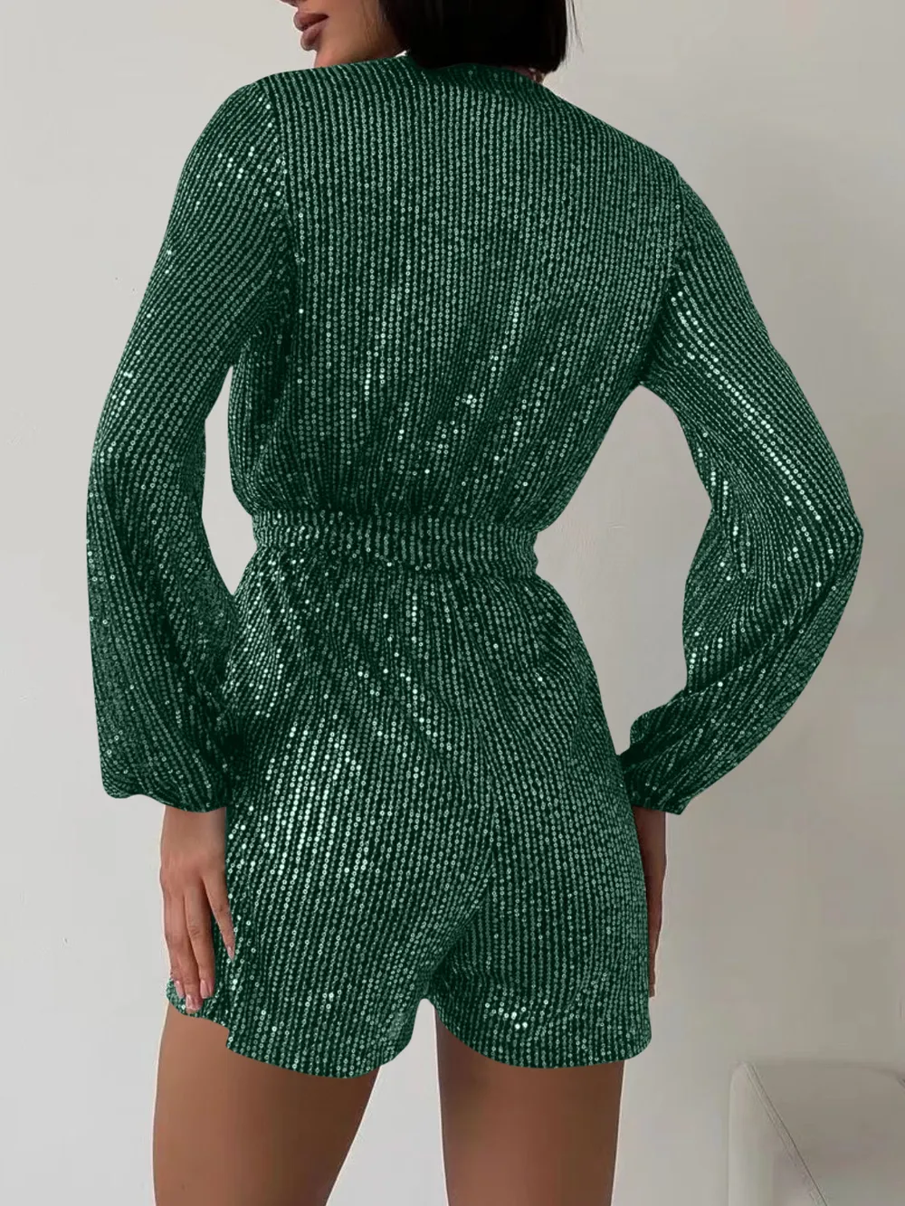 Full Size Sequin Surplice Tie Waist Long Sleeve Romper, image 8