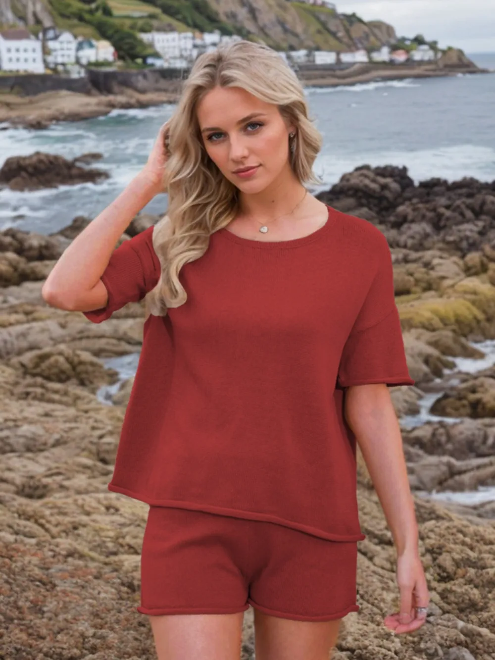 Round Neck Short Sleeve Top and Shorts Sweater Set, image 7