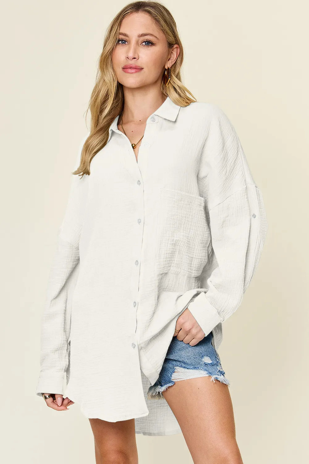 Full Size Pocketed Texture Button Up Shirt, image 4