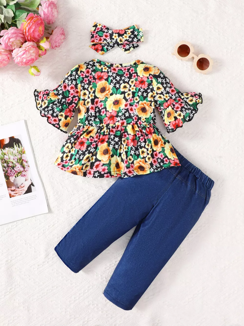Children's Floral Bell Sleeve Top and Pants Set, image 2