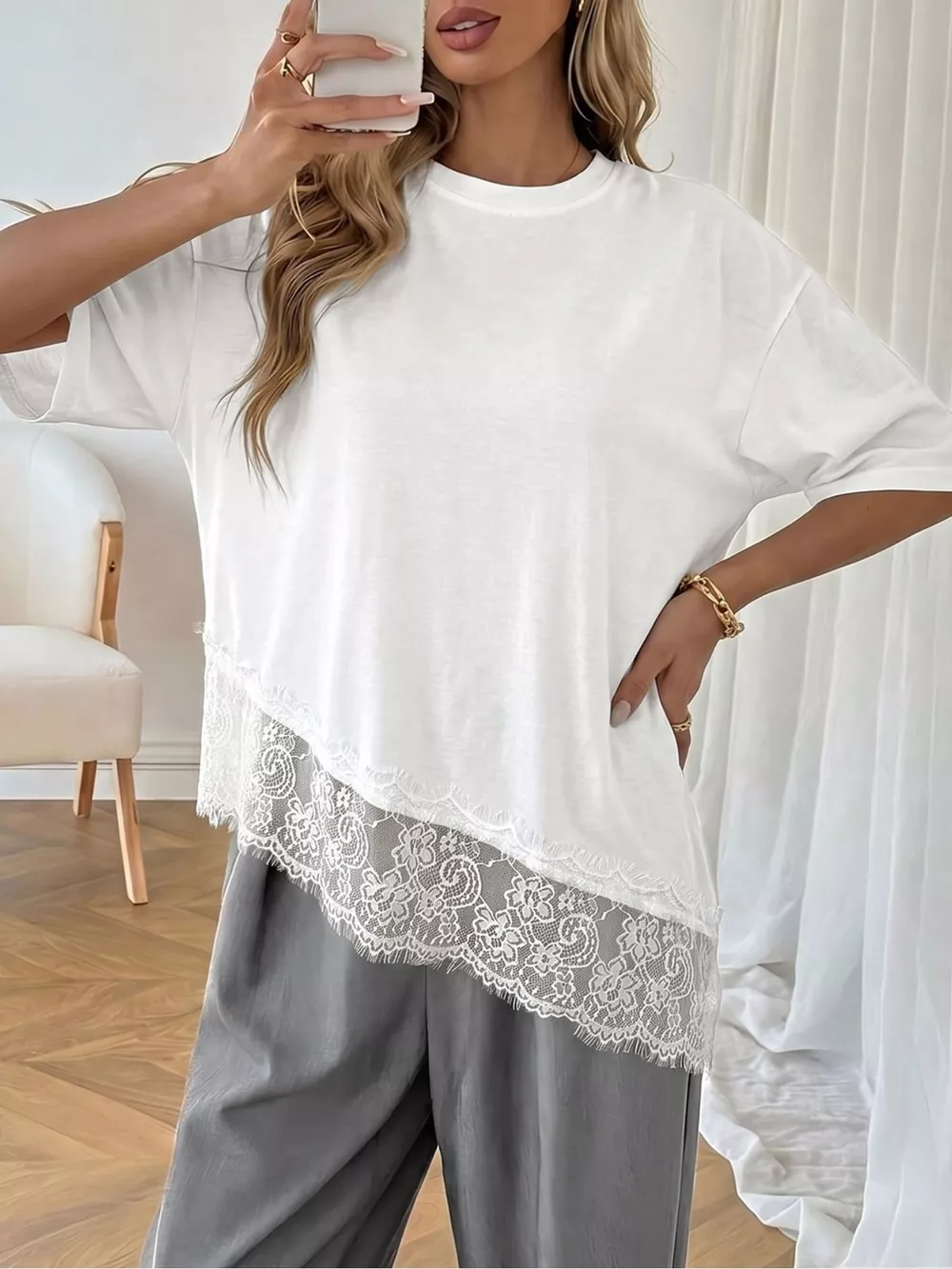 Lace Detail Half Sleeve T-Shirt, image 2
