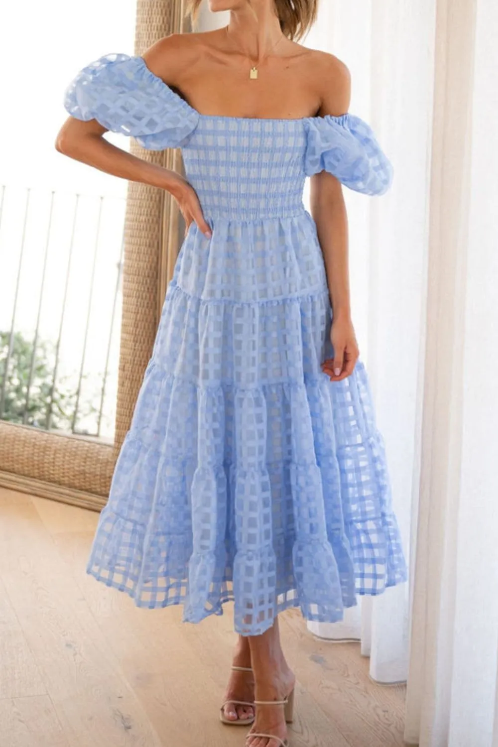 Off Shoulder Short Puff Sleeve Midi Dress, image 14