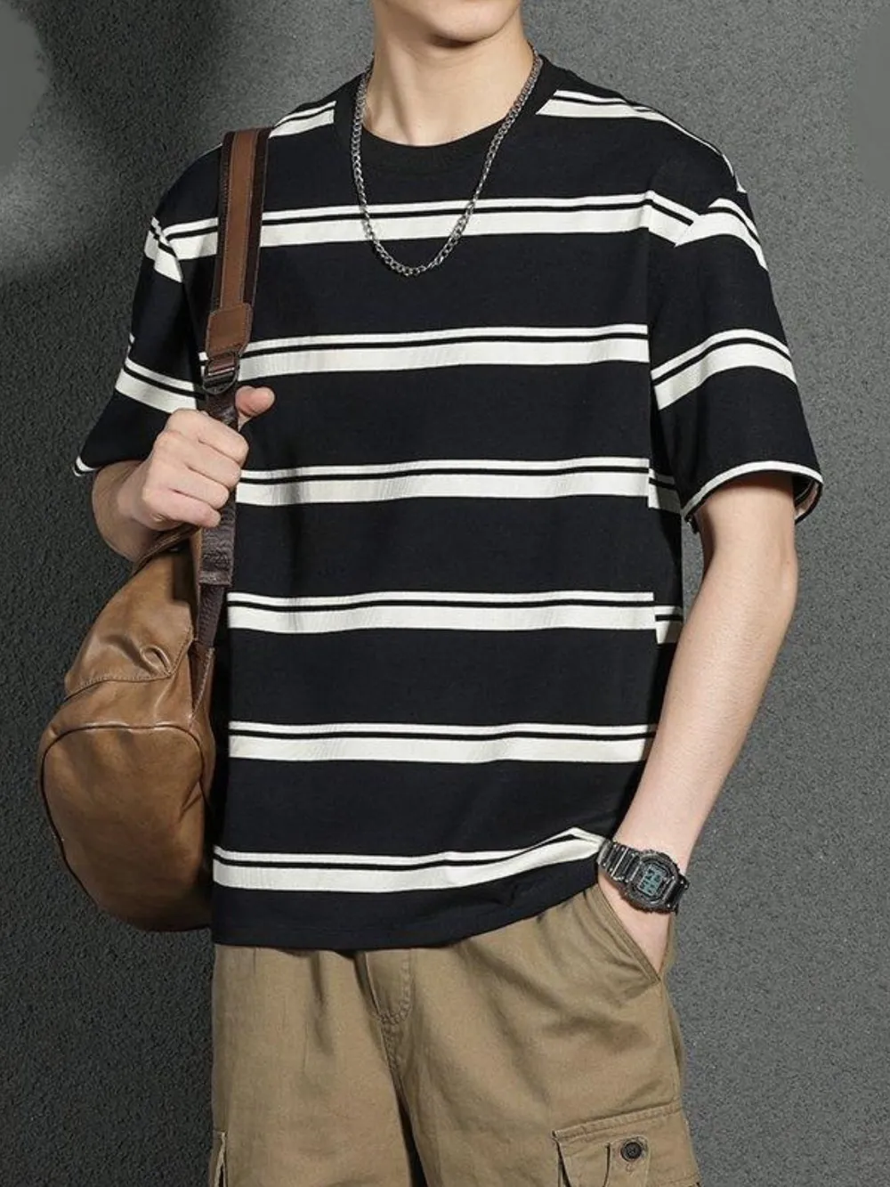 Men's Plus Size Striped Round Neck Oversized T-Shirt, image 3