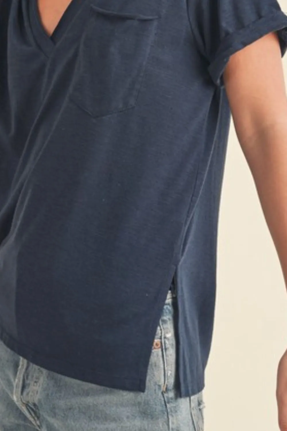 Side Slit V-Neck Short Rolled Sleeve T-Shirt, image 3