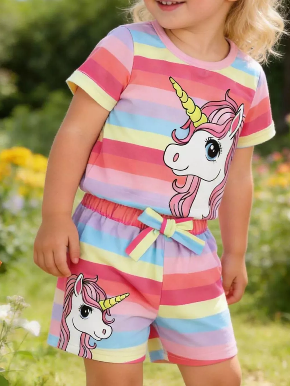 Children's Rainbow Striped Unicorn T-Shirt and Shorts Set, image 2