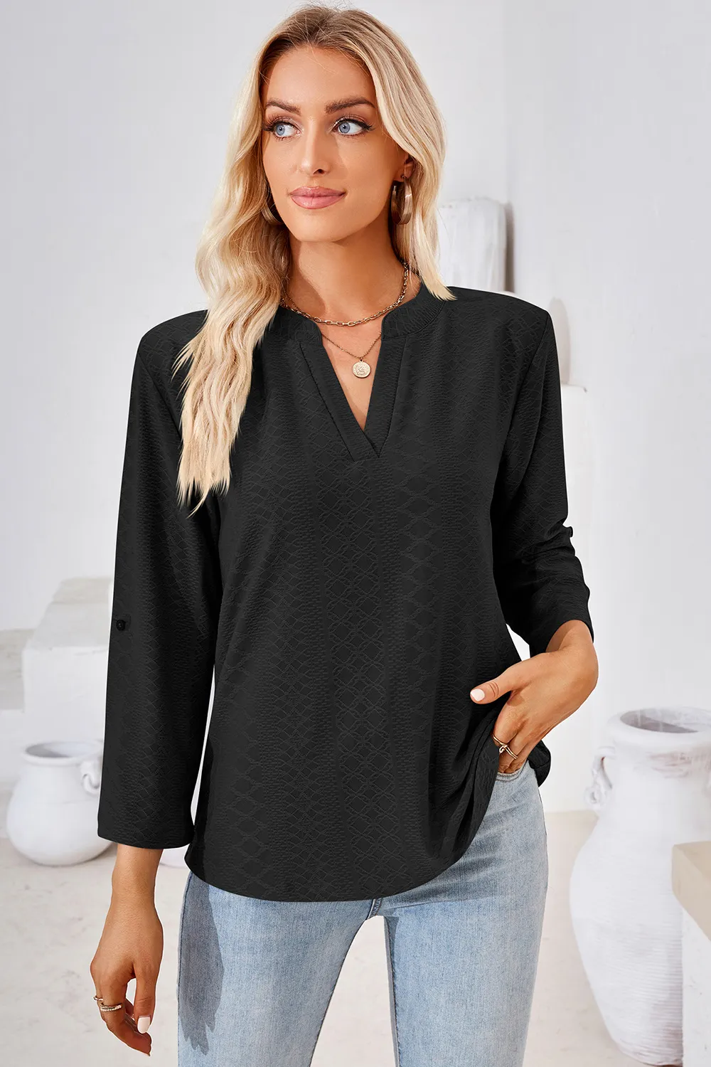 Notched Roll-Tab Sleeve T-Shirt, image 8