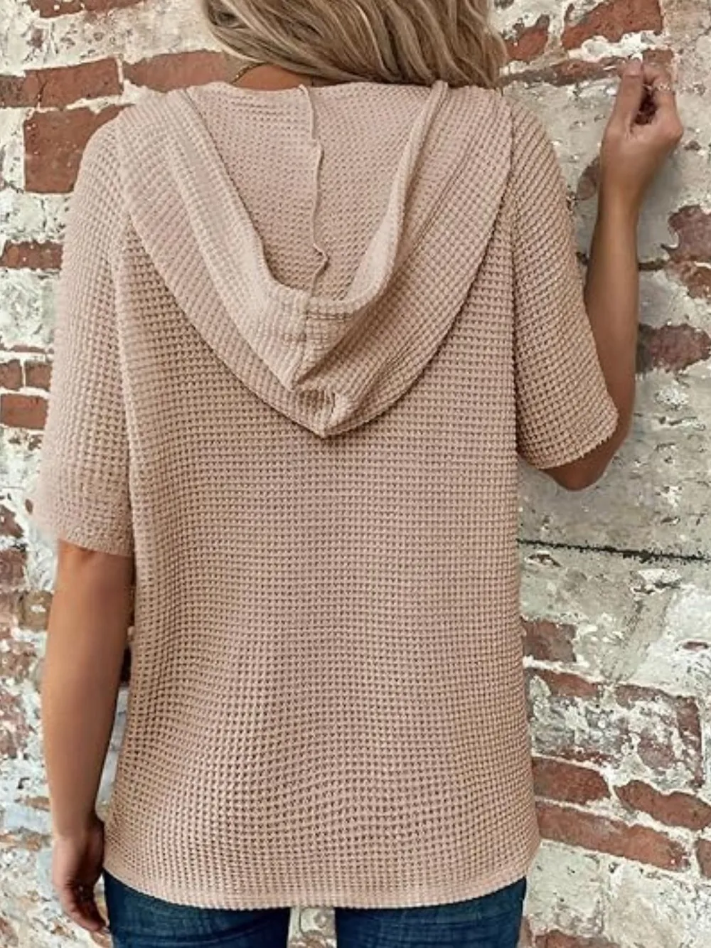 Drawstring Waffle-Knit Short Sleeve Hooded Top, image 19