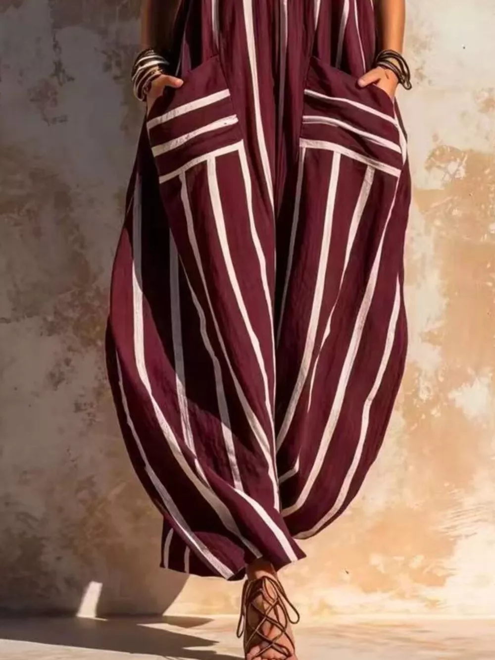Striped V-Neck Sleeveless Wide-Leg Jumpsuit, image 12