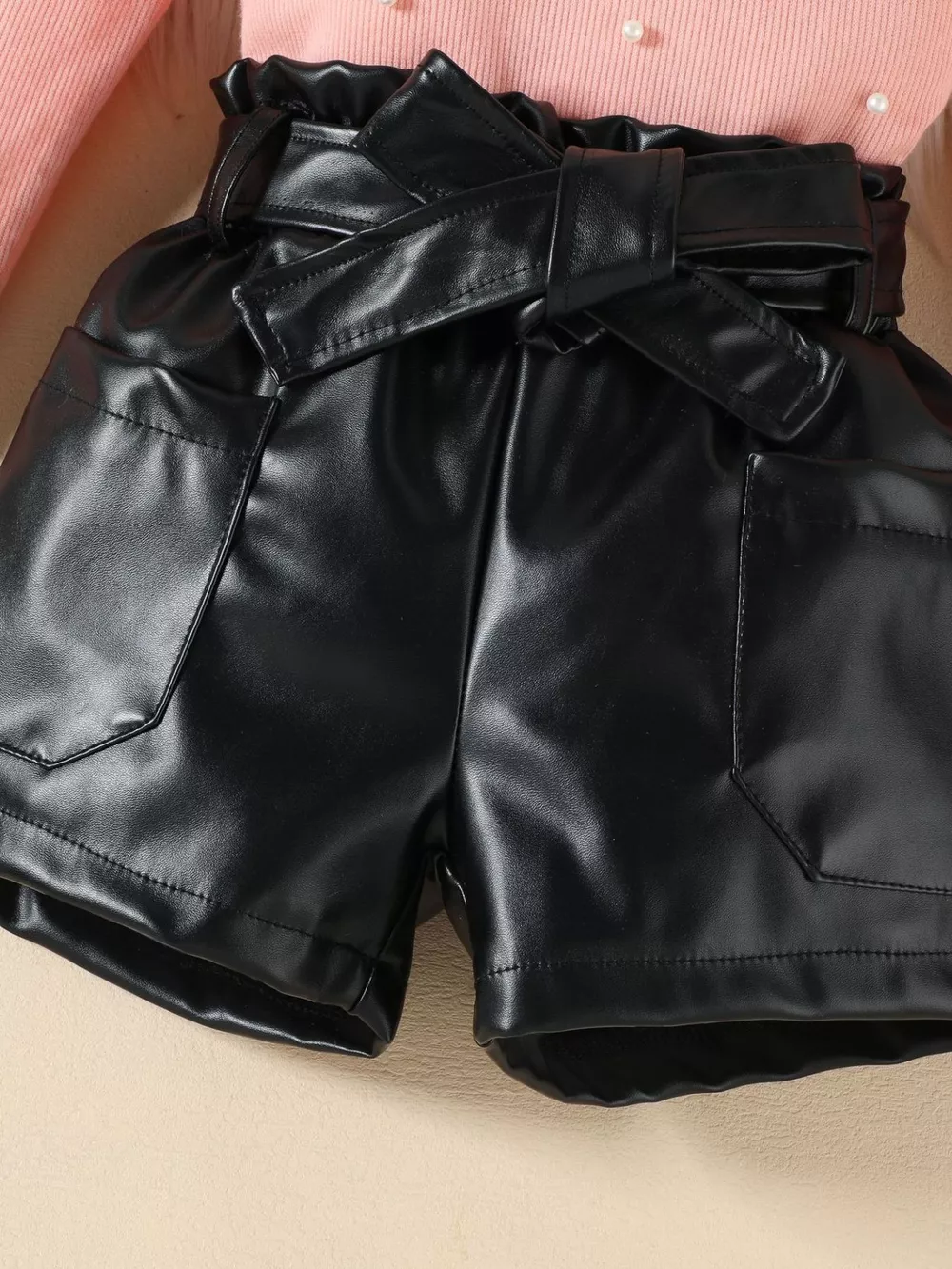 Children's Ruffled Pearl Embellished Top & Faux Leather Shorts Set with Belt, image 10
