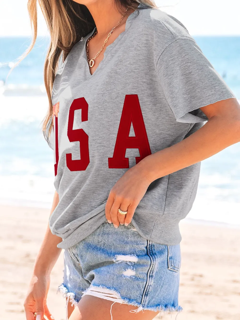 USA Lettering Patch Notched Neck T-Shirt, image 2