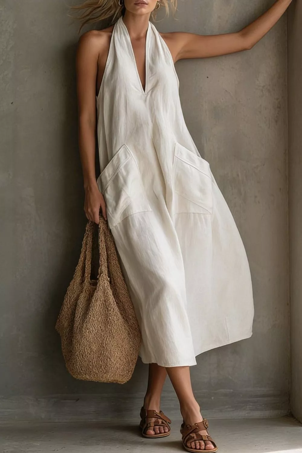 Casual Halter Neck Pocket Midi Dress, image 6
