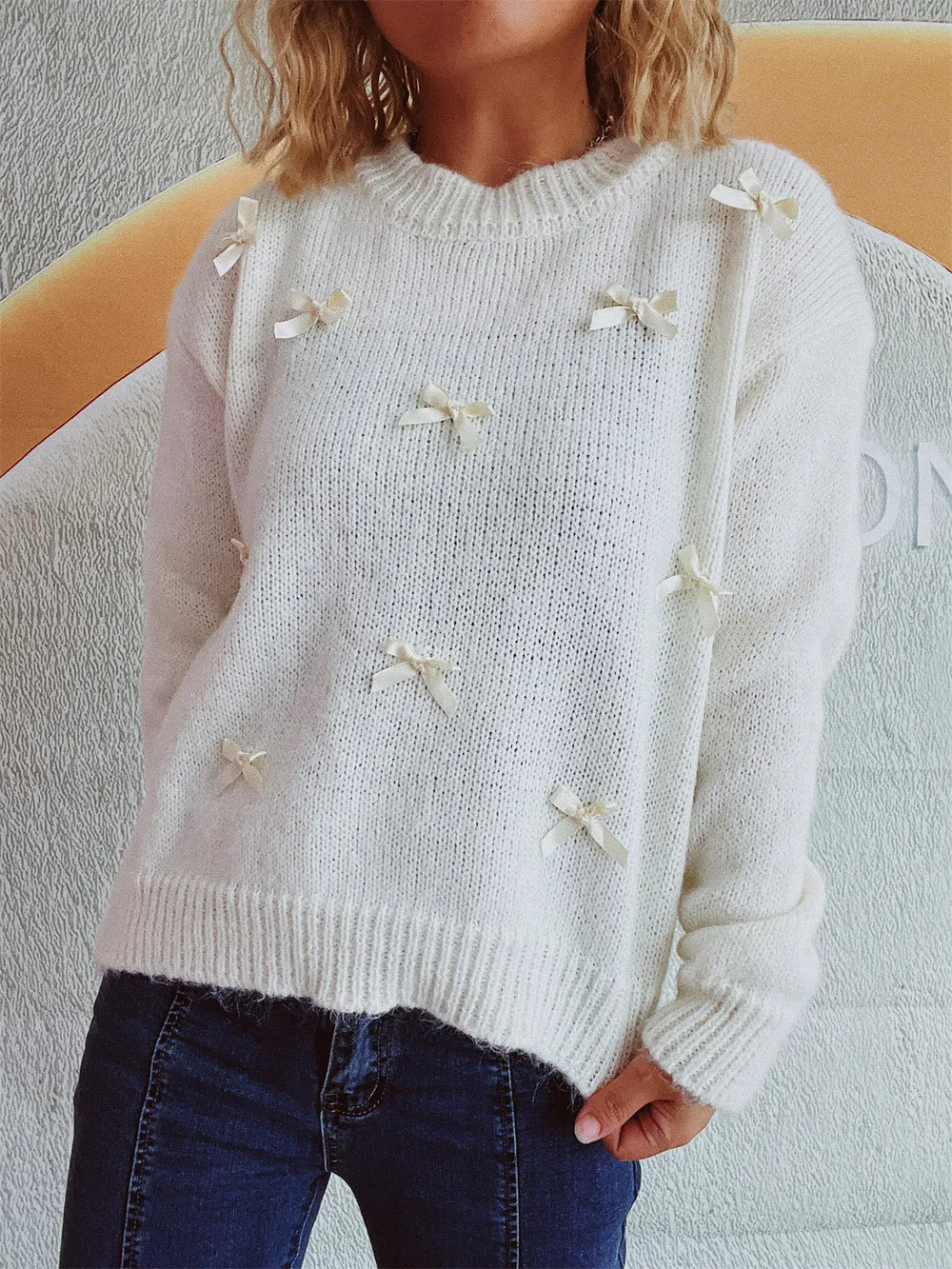 Bow Trim Round Neck Long Sleeve Sweater, image 2