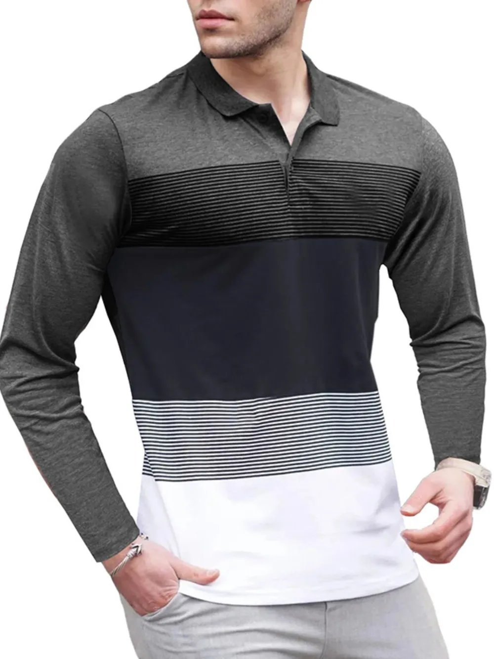 Men's Color Block Striped Long Sleeve Polo Shirt, image 4