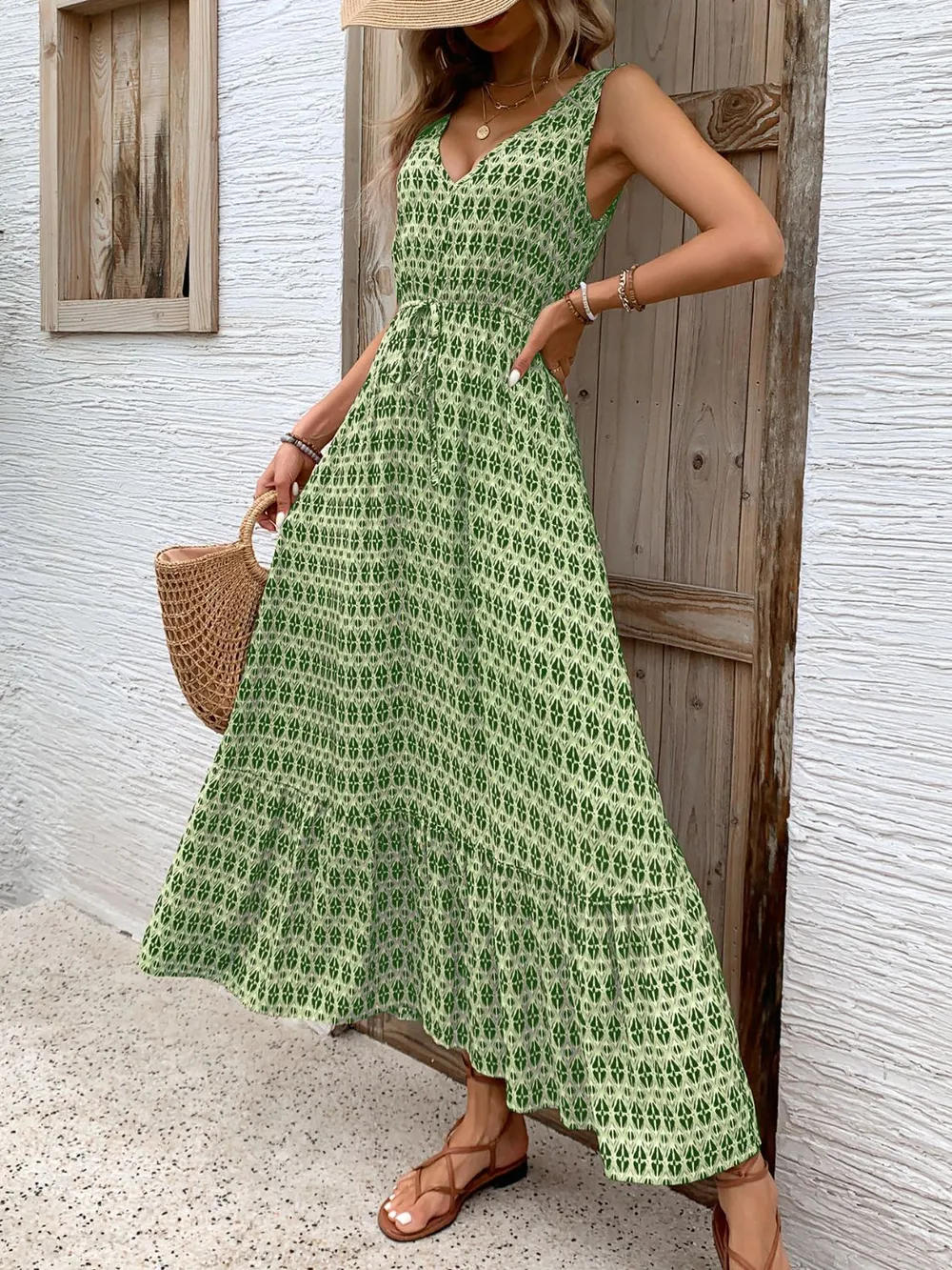 Printed V-Neck Tie Waist Midi Dress, image 9
