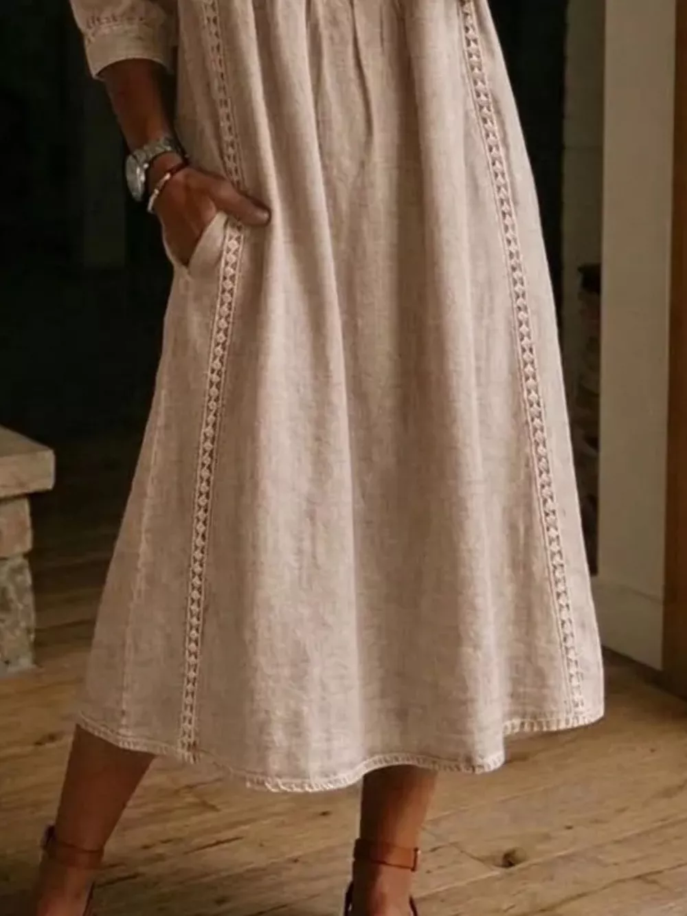Full Size V-Neck 3/4 Sleeve Midi Dress Plus Size, image 12