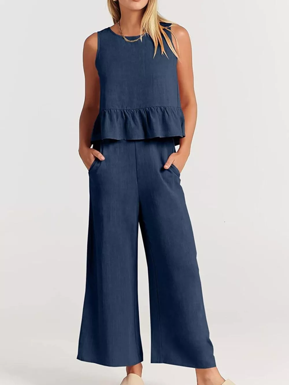 Full Size Ruffled Hem Sleeveless Top and Wide-Leg Pants Set Plus Size, image 25