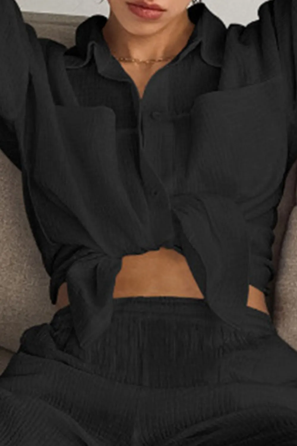 Texture Button Up Long Sleeve Shirt and Pants Set, image 9