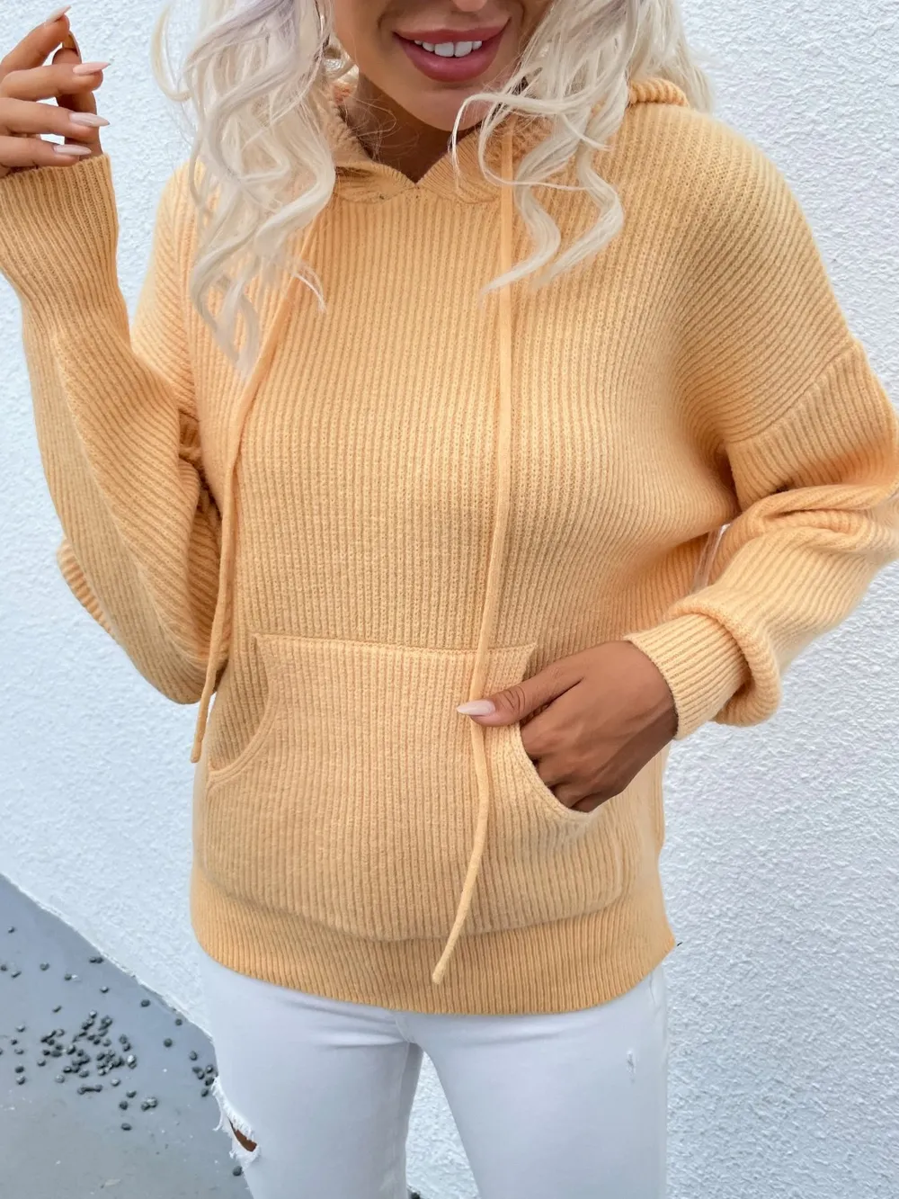 Drawstring Dropped Shoulder Hooded Sweater, image 3