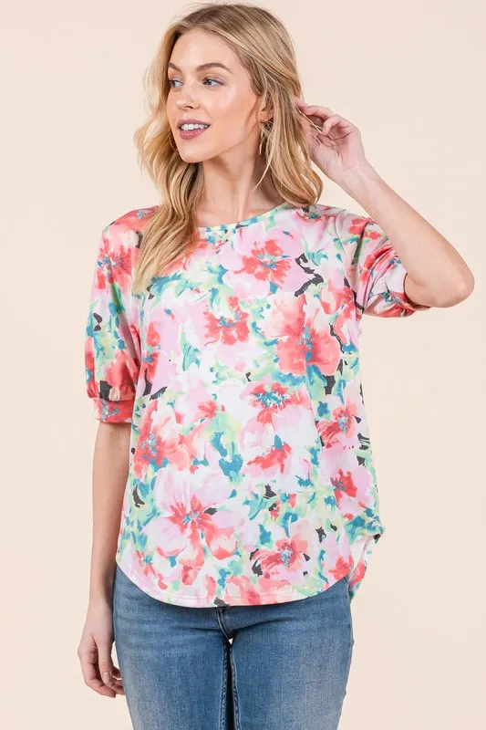 Floral Round Neck Puff Sleeve Top, image 2