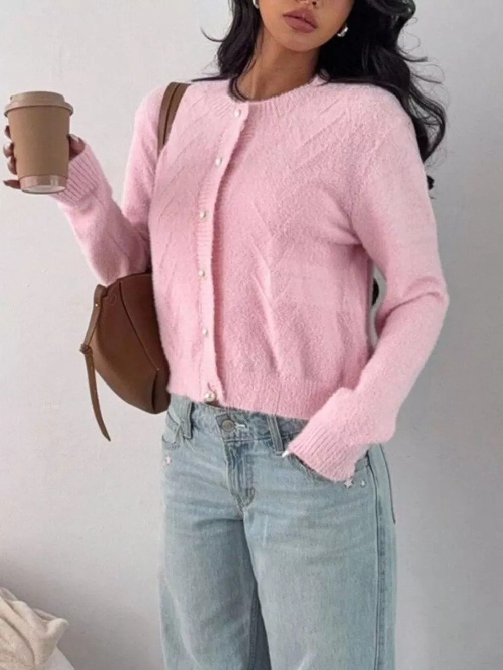 Soft Fuzzy Texture Cardigan with Pearl Buttons, image 4