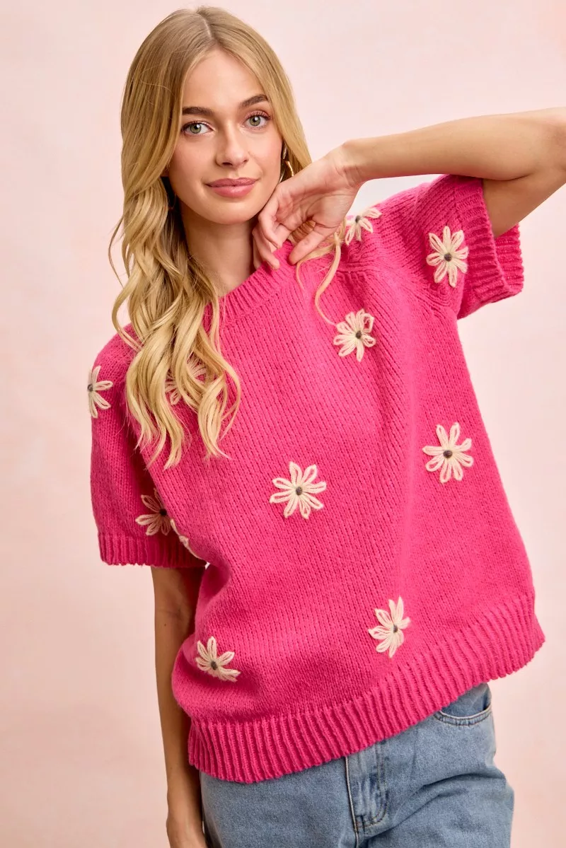 Flower Embroidered Short Sleeves Knit Top