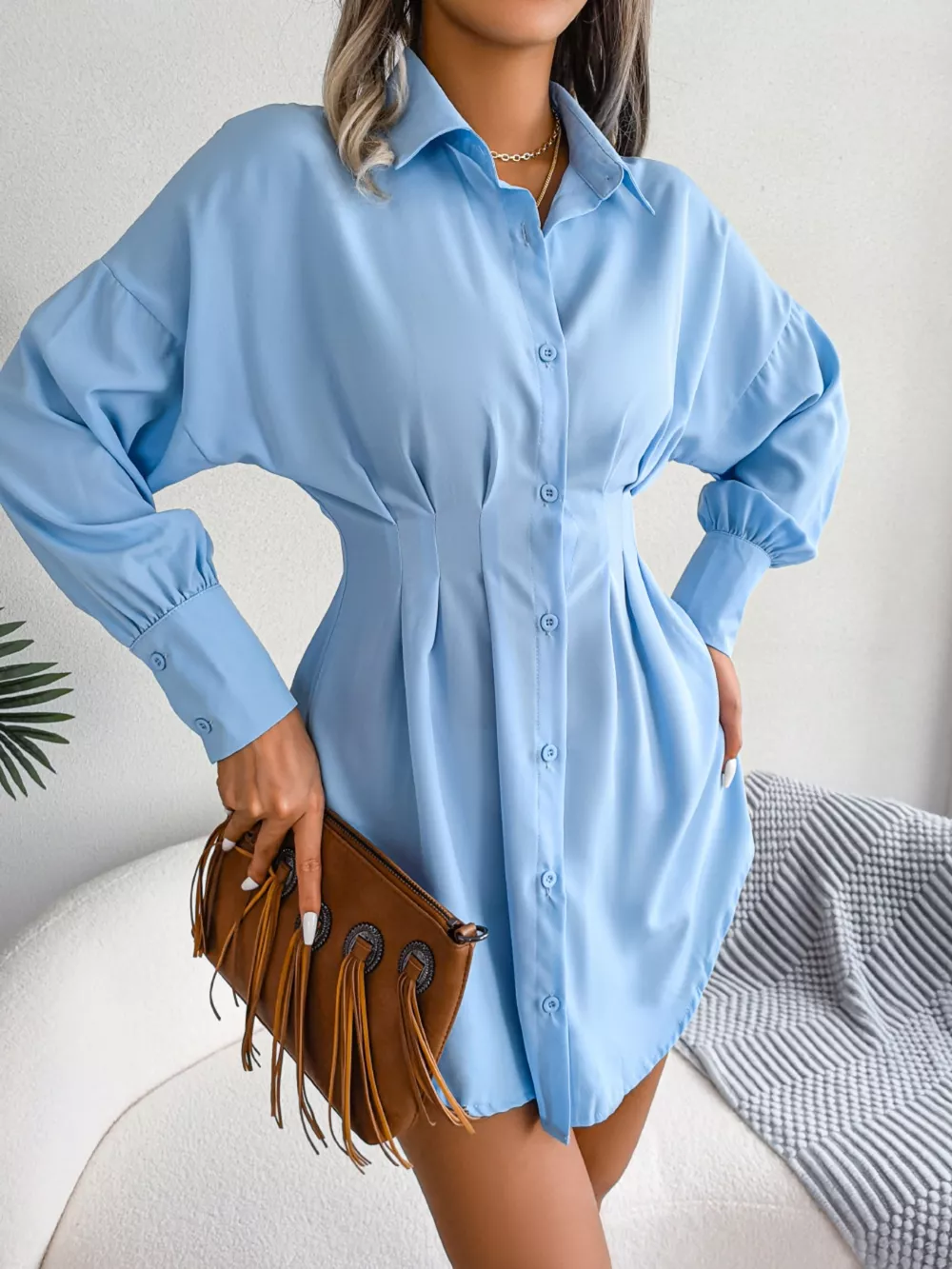 Elegant Button-Down Cinched Waist Mini Shirt Dress, image 3