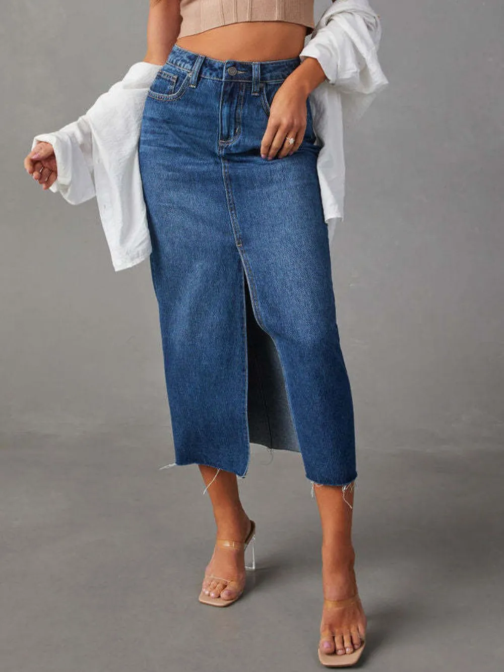 Raw Hem Front Slit Denim Midi Skirt, image 5