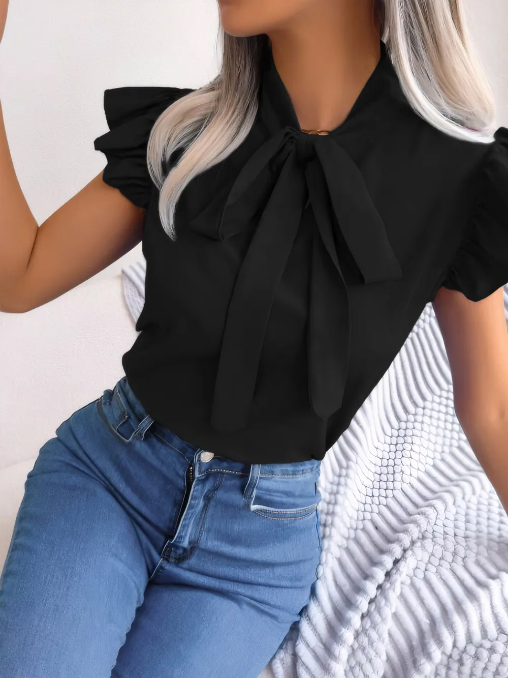 Ruffled Tie Neck Cap Sleeve Blouse, image 4