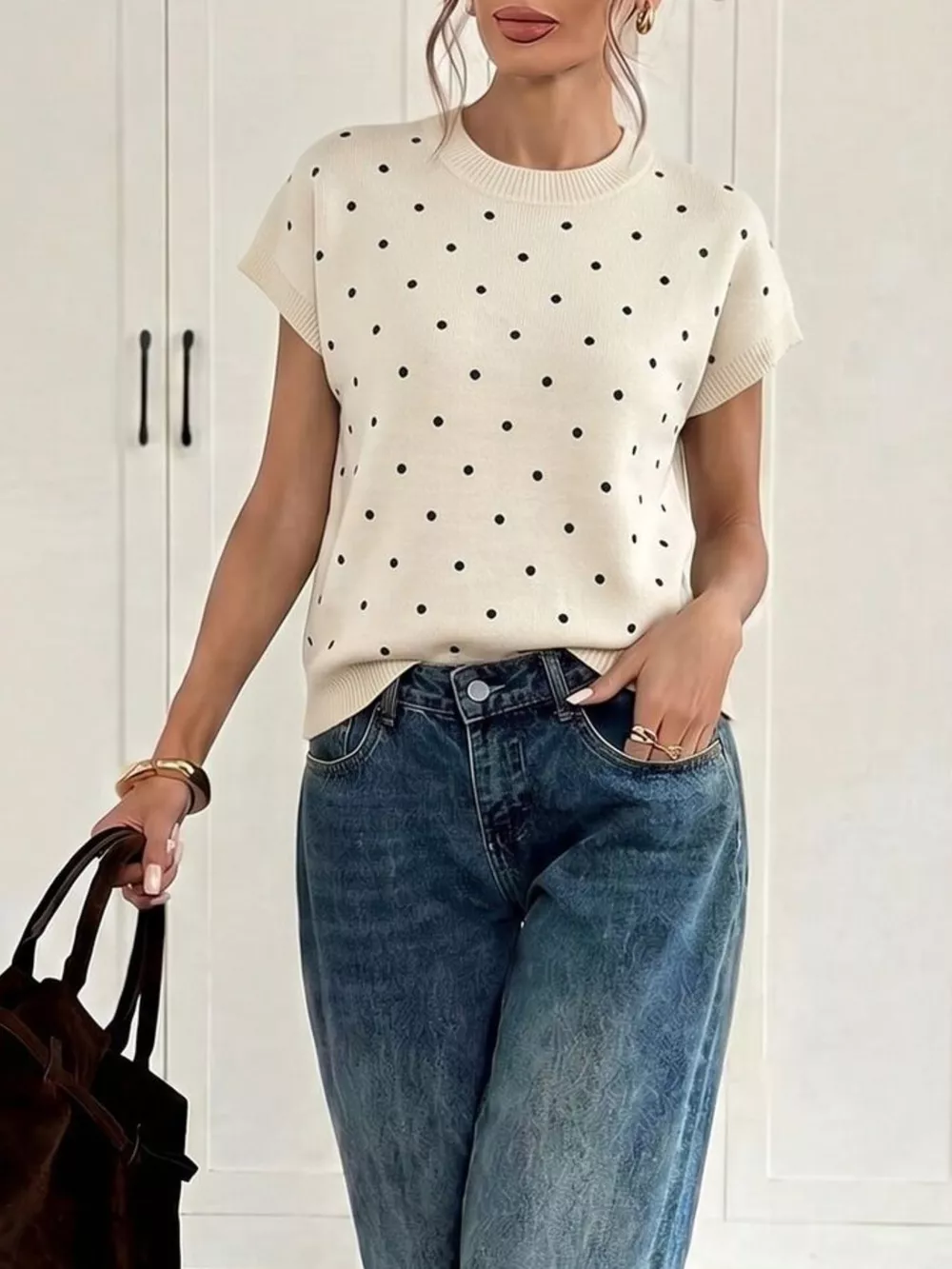 Polka Dot Short Sleeve Knit Sweater, image 5