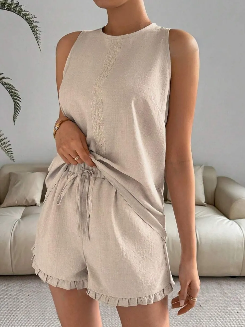 Lace Detail Round Neck Tank and Shorts Set, image 12
