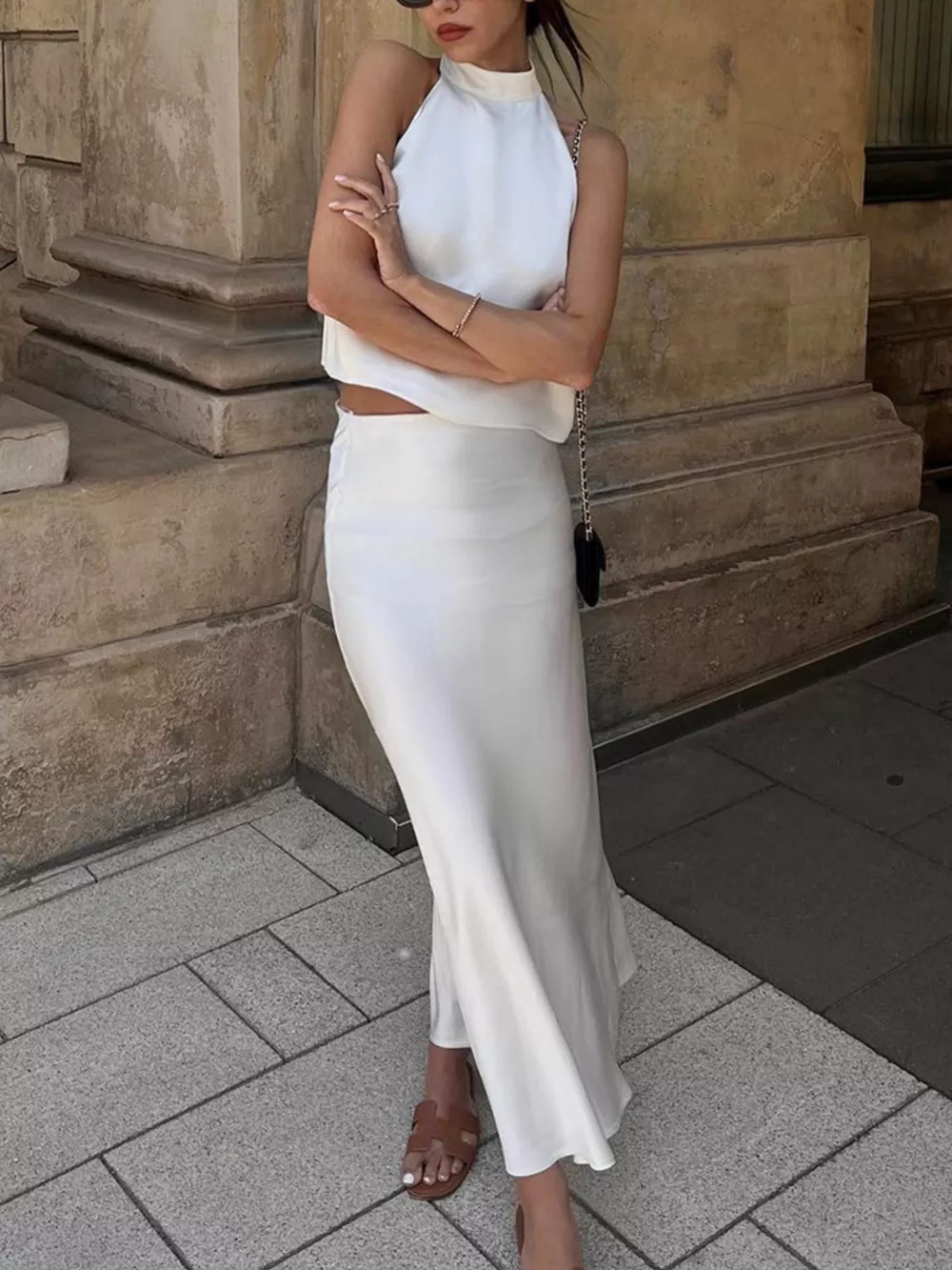 Satin Halter Neck Top and Maxi Skirt Two-Piece Set, image 2