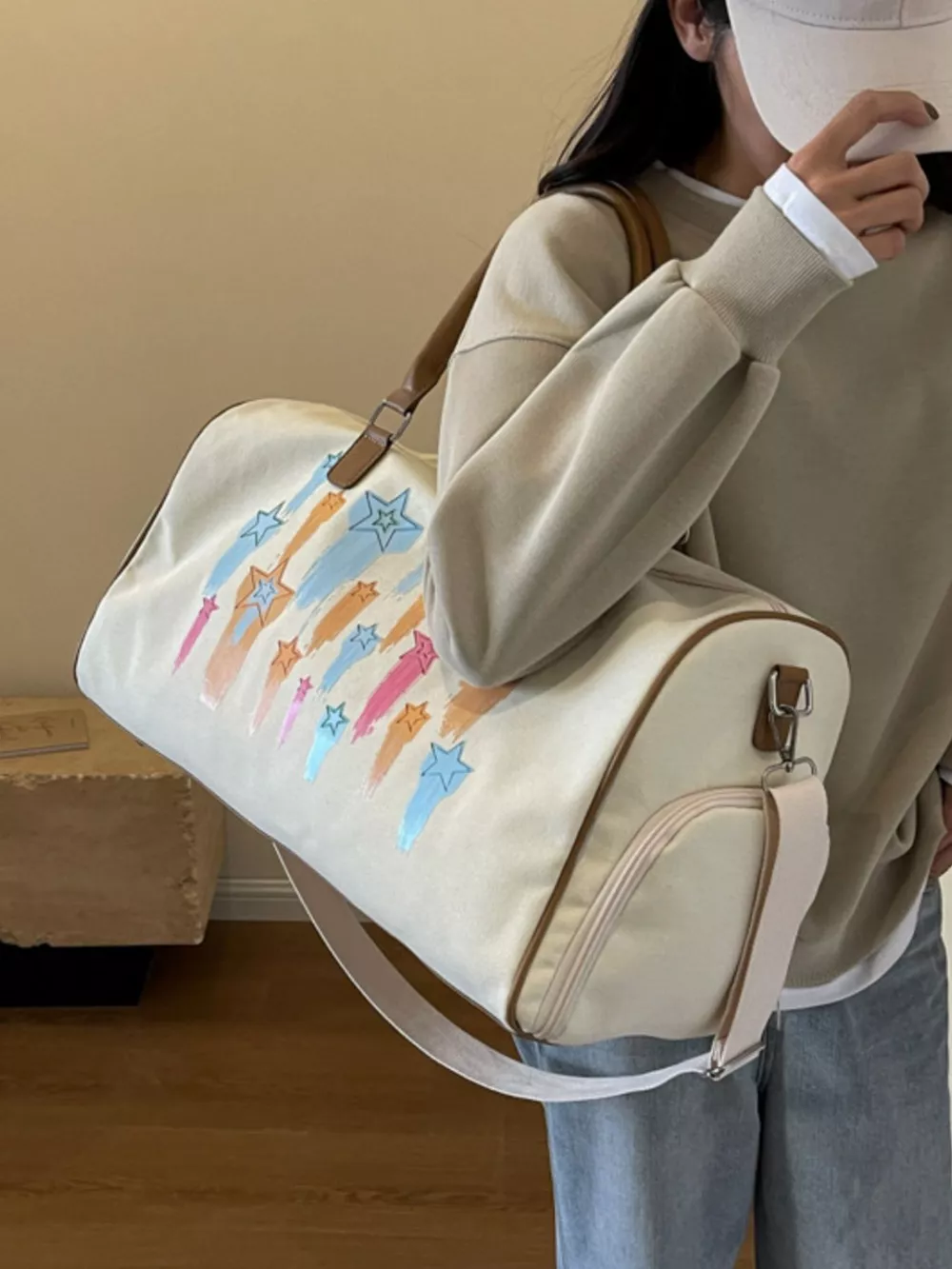 Canvas Duffle Bag with Shooting Star Print, image 2