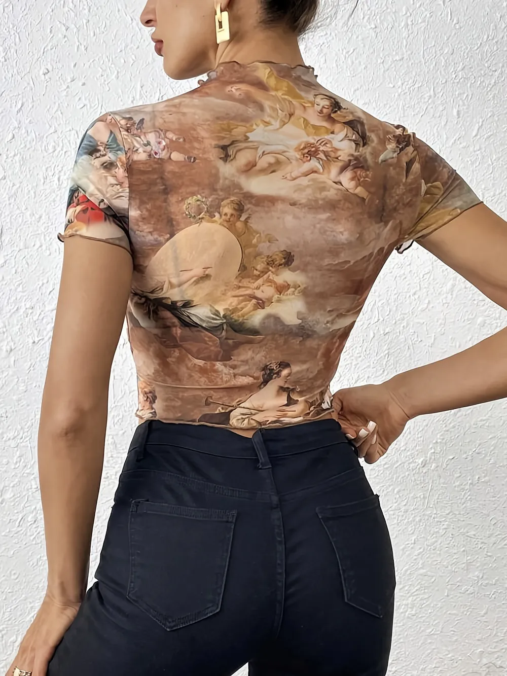 Abstract Print Ruffled Mock Neck Crop T-Shirt, image 21