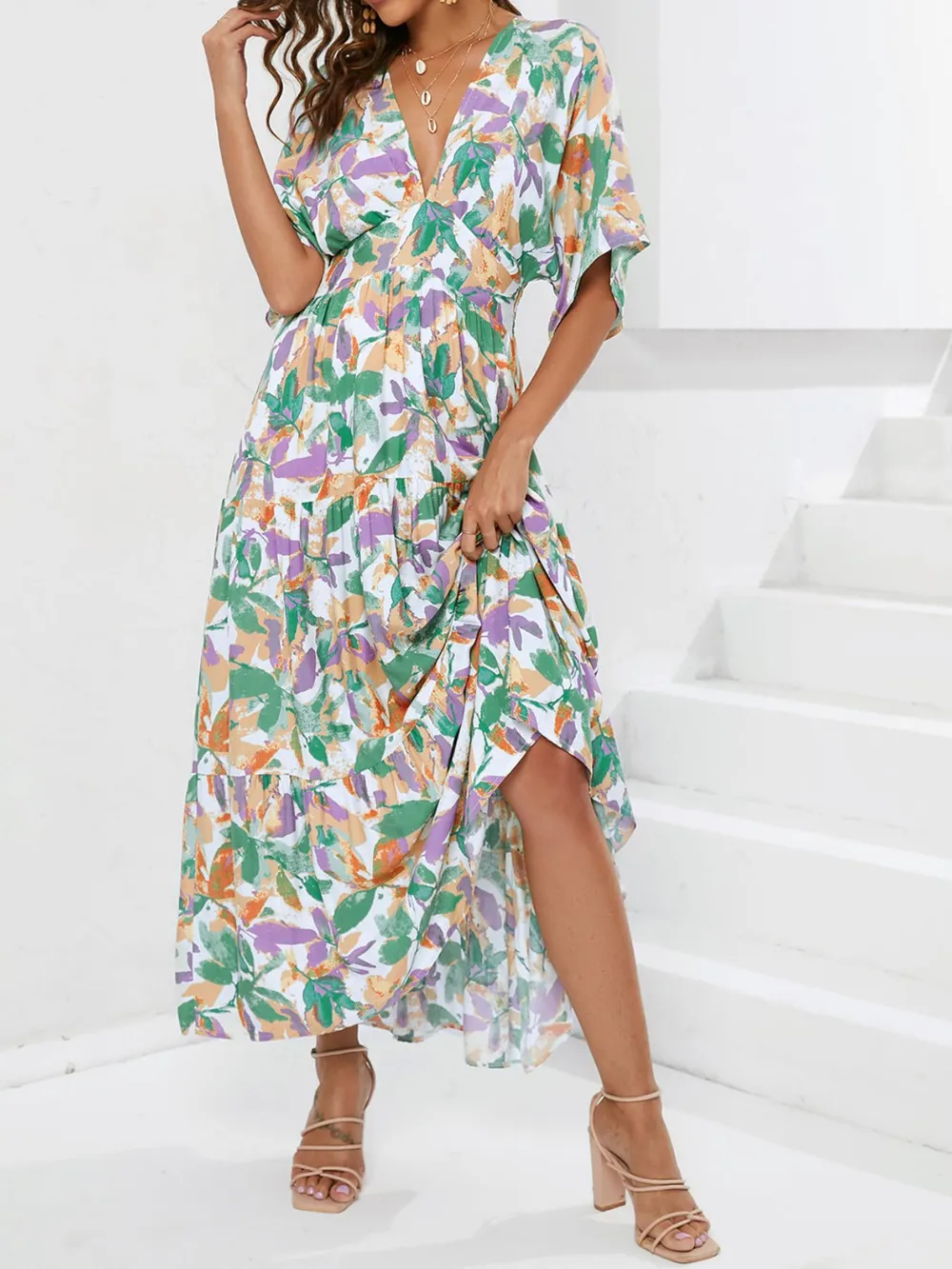 Floral Print V-neck Boho Midi Dress, image 4