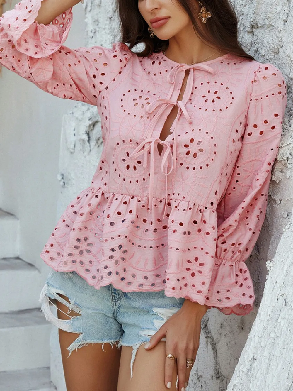 Tie Front Flounce Sleeve Peplum Blouse