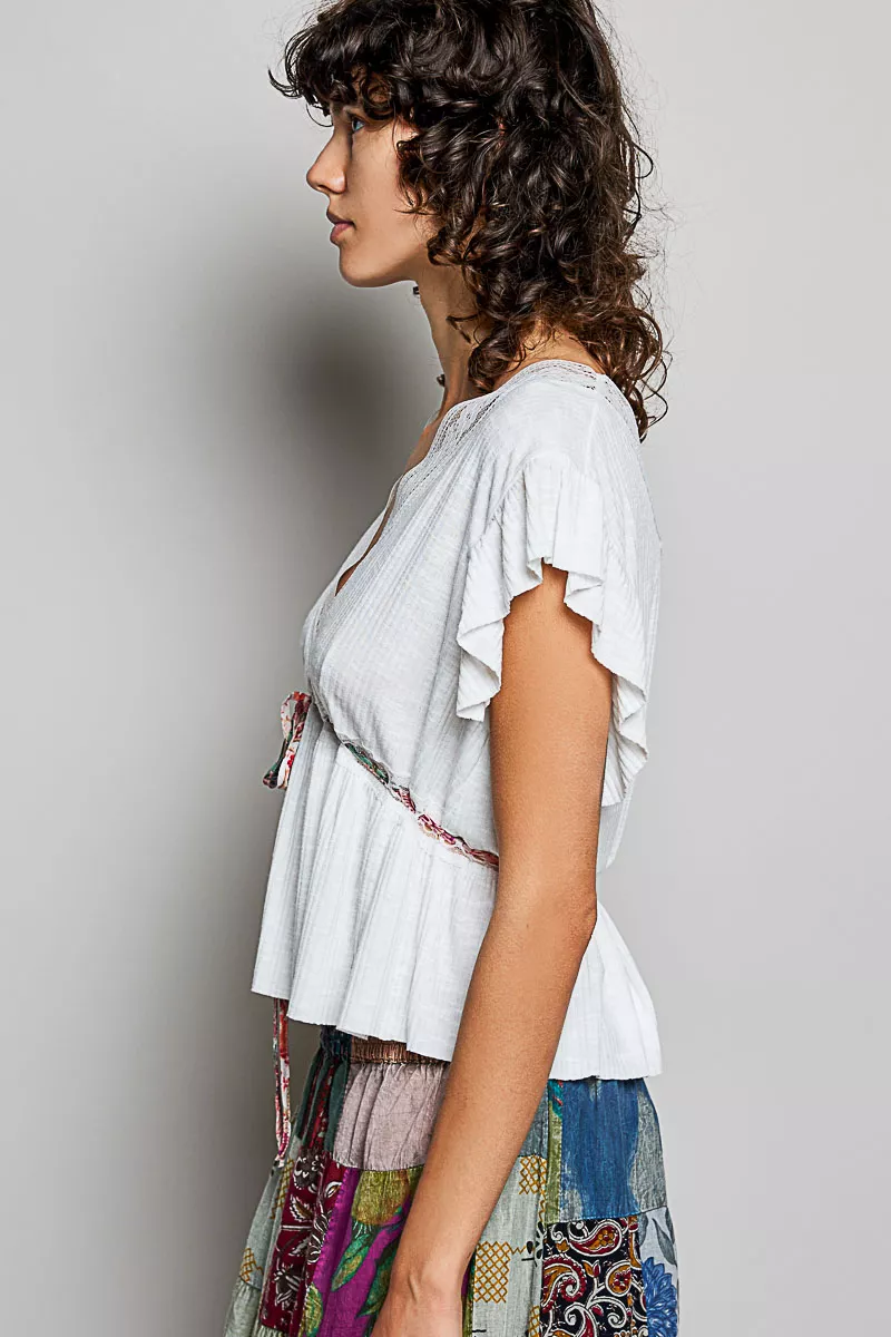 Tied Ruffled V-Neck Short Sleeve Blouse with Lace Detail, image 2