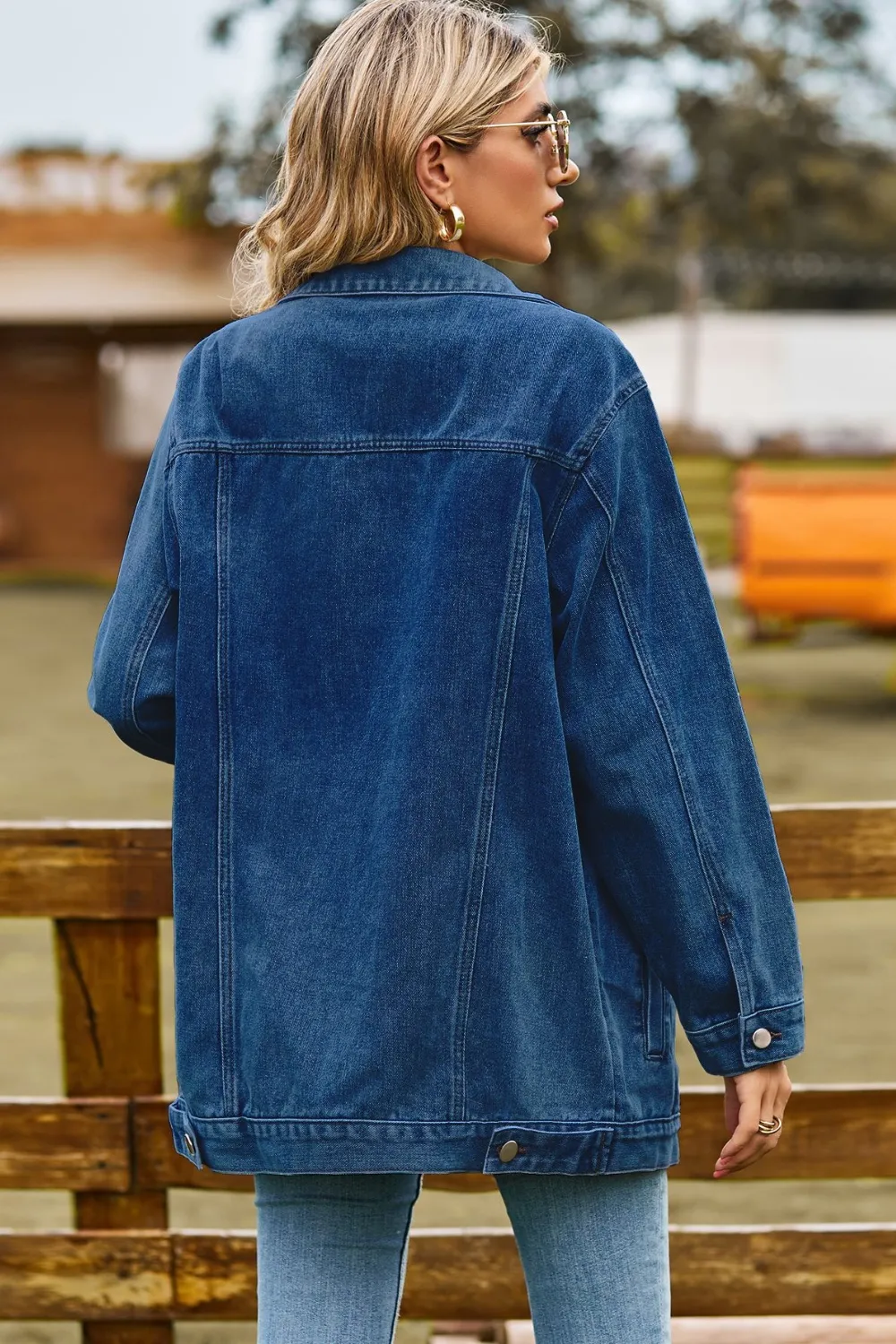 Buttoned Collared Neck Denim Jacket with Pockets, image 4