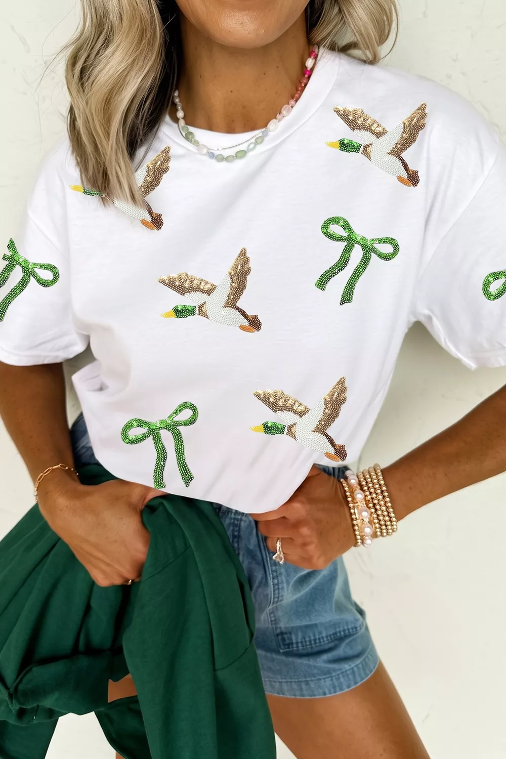 Full Size Sequin Mallard Bow Round Neck Graphic T Shirt Plus Size, image 2